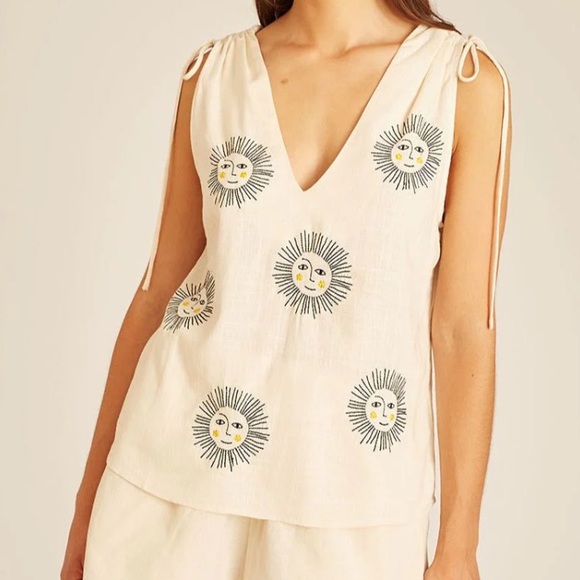 PEPALOVES - Embroidered SUN TOP Tie Shoulder Double V Neck Tank Sz XS - Picture 2 of 7